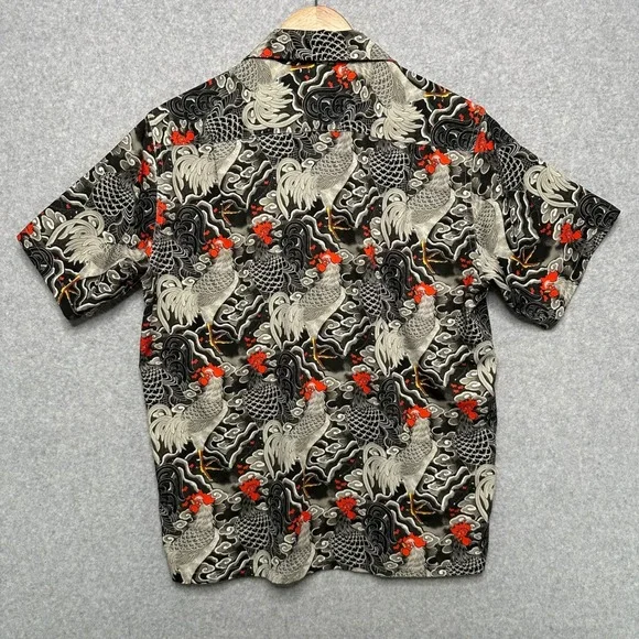 Labour Union Mens Rooster Cloud Print Shirt Black Grey Red Tencel Camp Collar M - Picture 3 of 9
